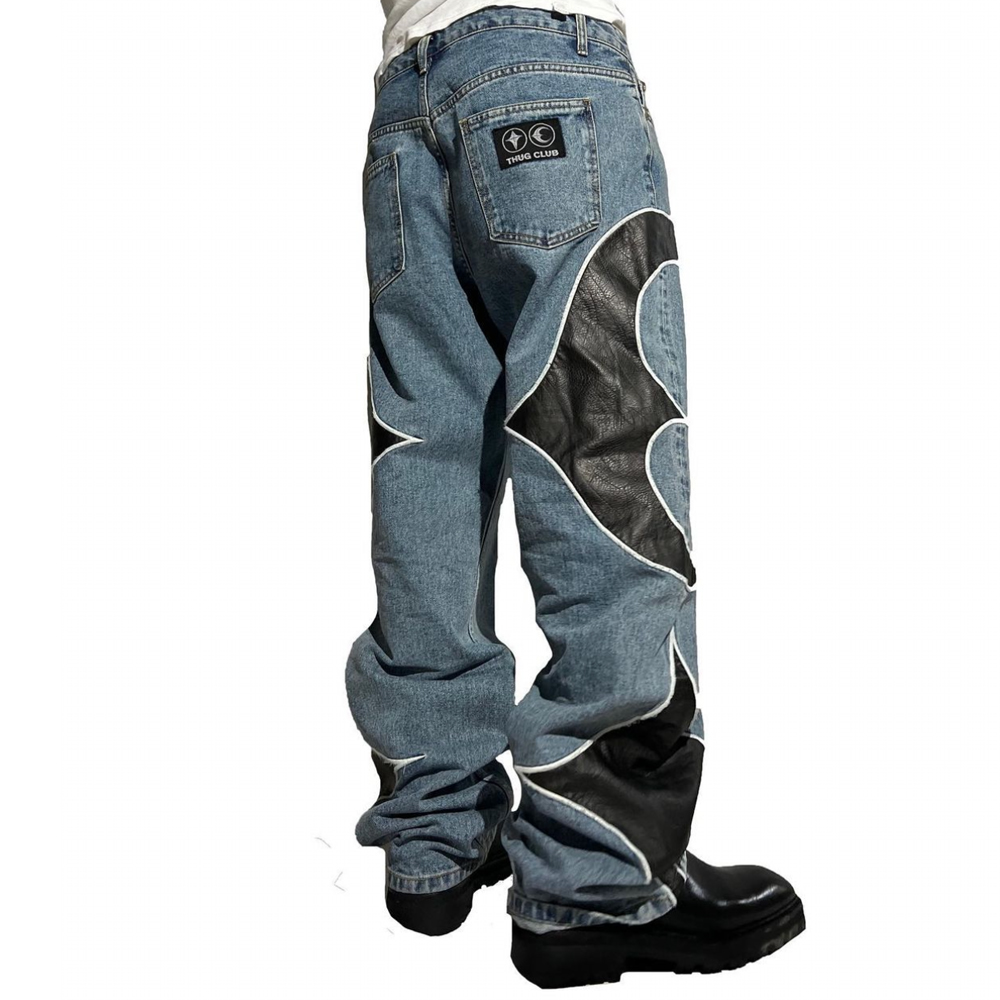 THUG CLUB Leather Black denim pants