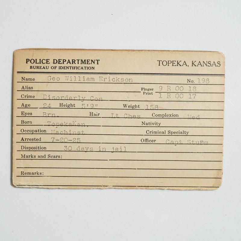 1920's POLICE DEPARTMENT BUREAU OF IDENTIFICATION CARD