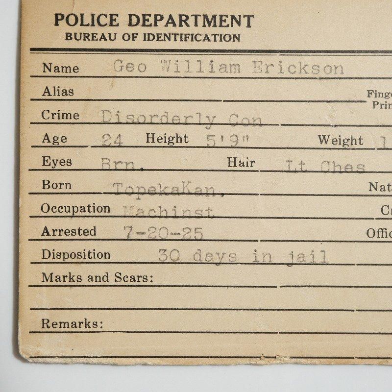 1920's POLICE DEPARTMENT BUREAU OF IDENTIFICATION CARD