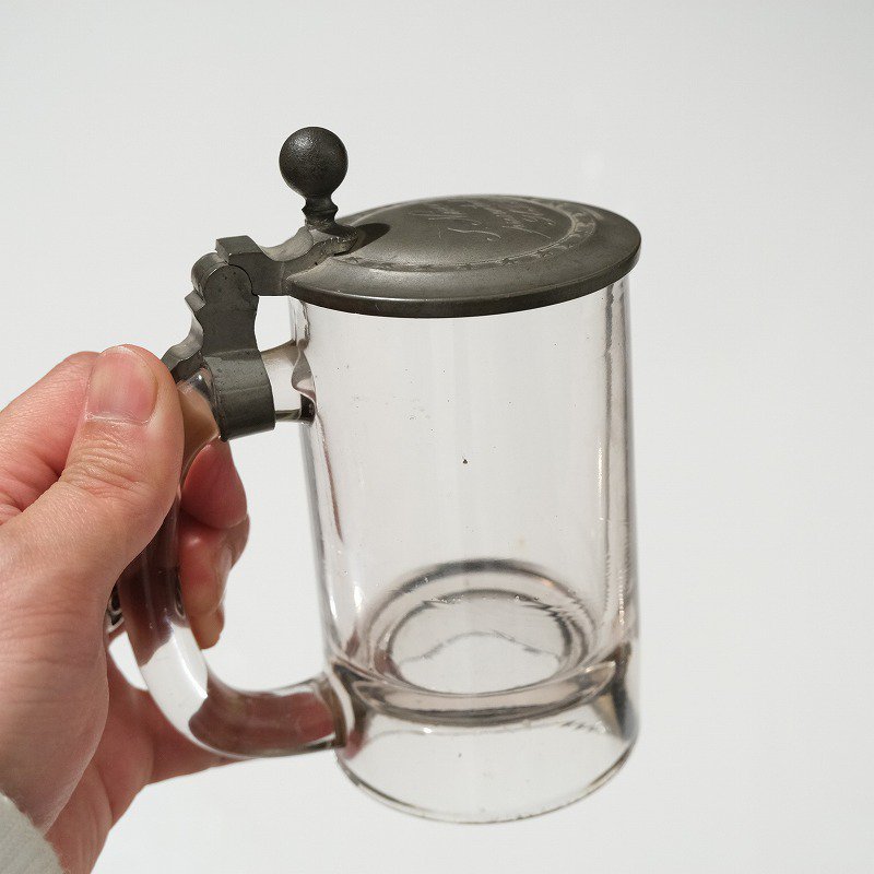 1900's ANTIQUE GLASS MUG with PETWER LID