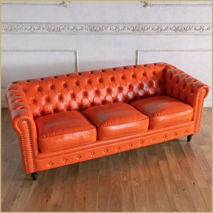 ヴィンセント チェスターフィールドソファ 3人掛け ブラッドオレンジPU