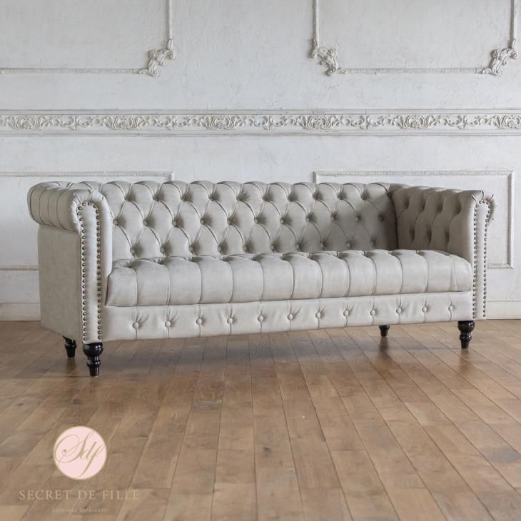 グレー ボタン留め 3人掛けソファ