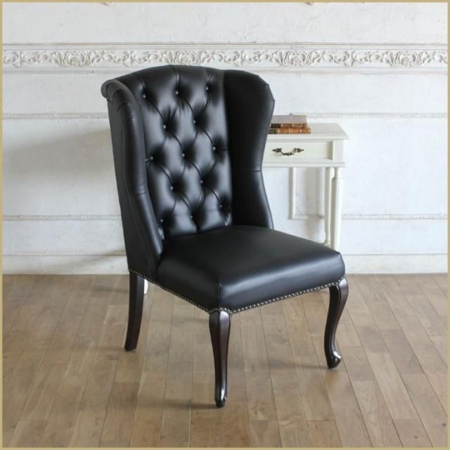 英国調 ウィングバックチェア 9013シリーズ　ブラウン脚×ブラックPUレザー(合皮) 9013-5p32b リプロ C 55*70*100