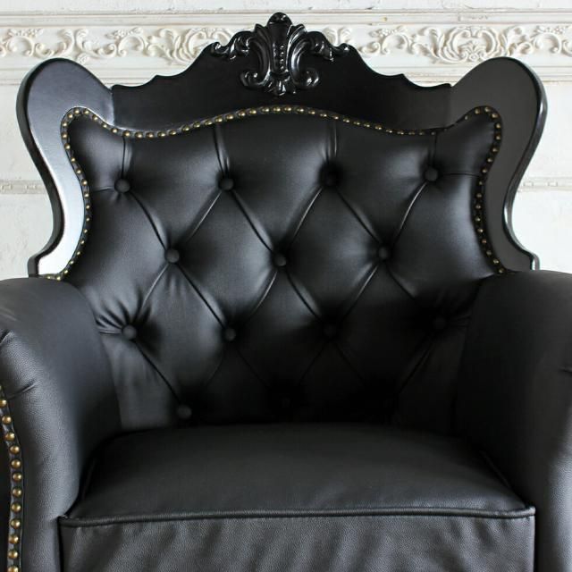 ロココ調 ソファ 1人掛け ブラックフレーム×ブラックPUレザー(合皮