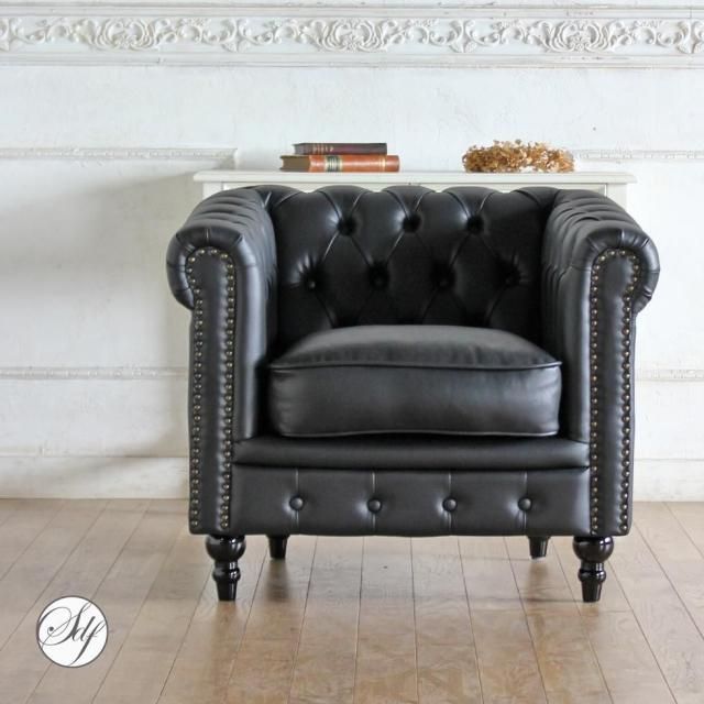 ヴィンセント チェスターフィールドソファ 1人掛け　ブラックPUレザー(合皮) vc1p32k リプロ C 83*78*69