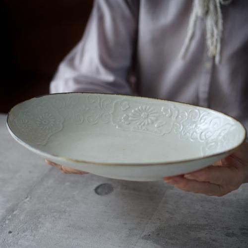 灰釉陽刻文六角鉢 陶芸家 鈴木まどか【Galleryてとて】