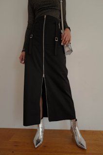 Zip Slit Long Skirt<br>[BLACK/KHAKI]