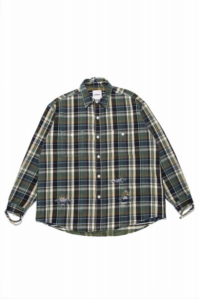 <img class='new_mark_img1' src='https://img.shop-pro.jp/img/new/icons14.gif' style='border:none;display:inline;margin:0px;padding:0px;width:auto;' />[BOWWOW] REPAIR FLANNEL SHIRTS DRIPPING -GREEN/NAVY-
