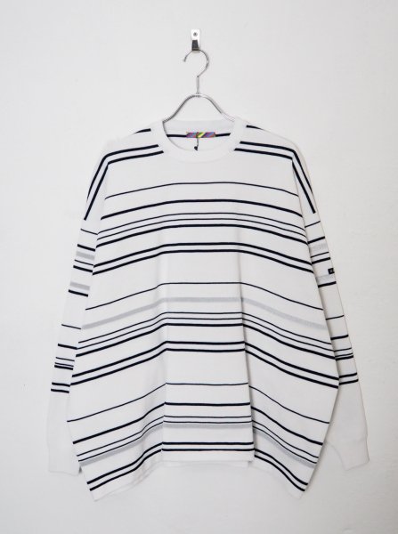 [IS-NESS] KNITTED FLASH BORDER LONG SLEEVE T SHIRT -WHITE/NAVY/REFLECT -