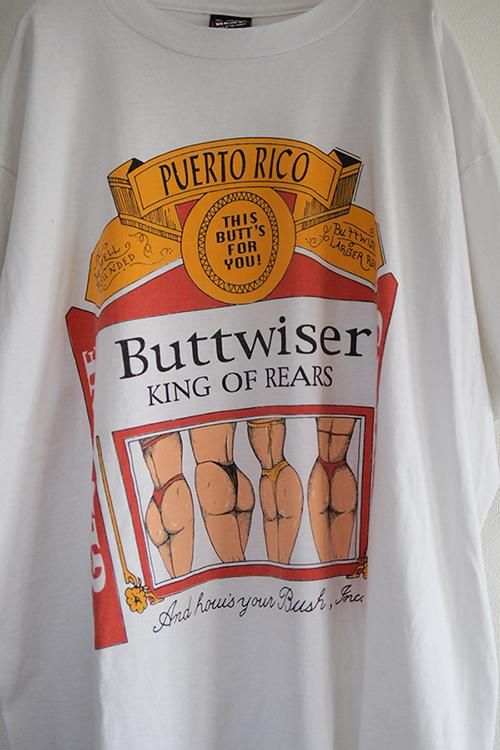 希少。90's後期　Buttwiser ビンテージTシャツ　バドワイザーパロディ