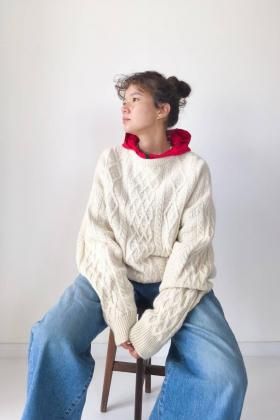 アイルランド製 フィッシャーマンニット　　メリノウール L　ブルー　B14 アイルランド製 フィッシャーマンニット メリノウール L ブルー B14