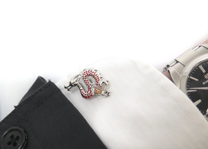 TATEOSSIAN タテオシアン MECHANICAL ANIMALS DRAGON WHITE BRONZE & RED AND ORANGE  ENAMEL WITH SW CUFFLINKS　メカニカルアニマルズ ドラゴンカフス（レッド＆オレンジエナメル）