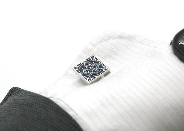 scc3 サイモンカーター カフリンクス シルバー×青蝶貝 ラティス格子ラウンド SIMON CARTER サイモンカーター ENAMEL TILE BLUE CUFFLINKS
