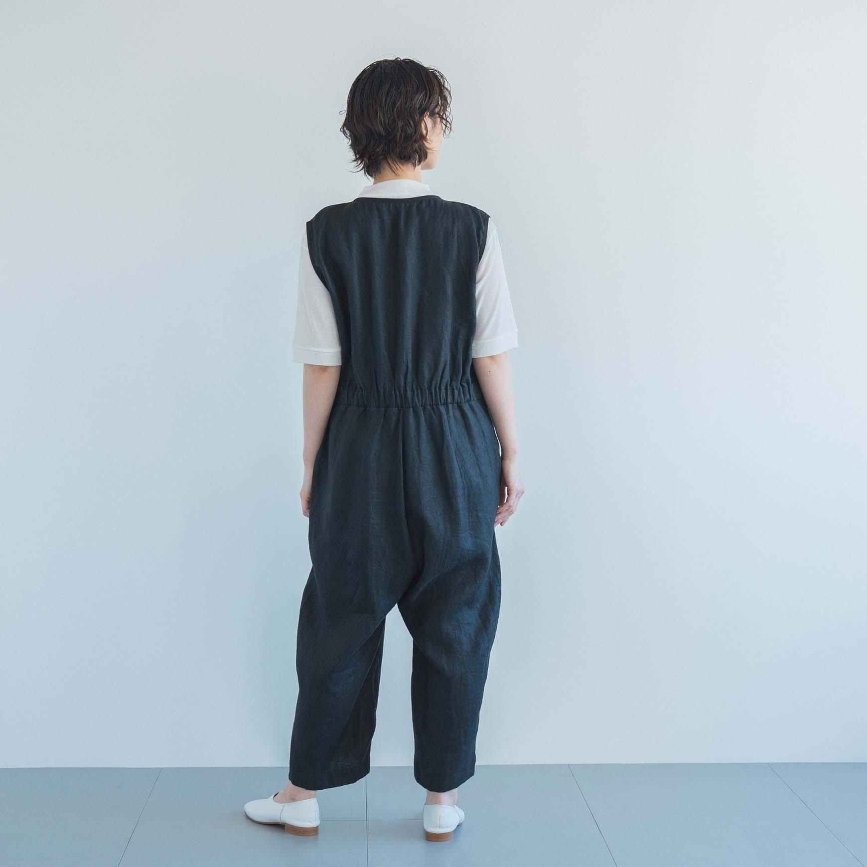 D のリネンのサロペットパンツ