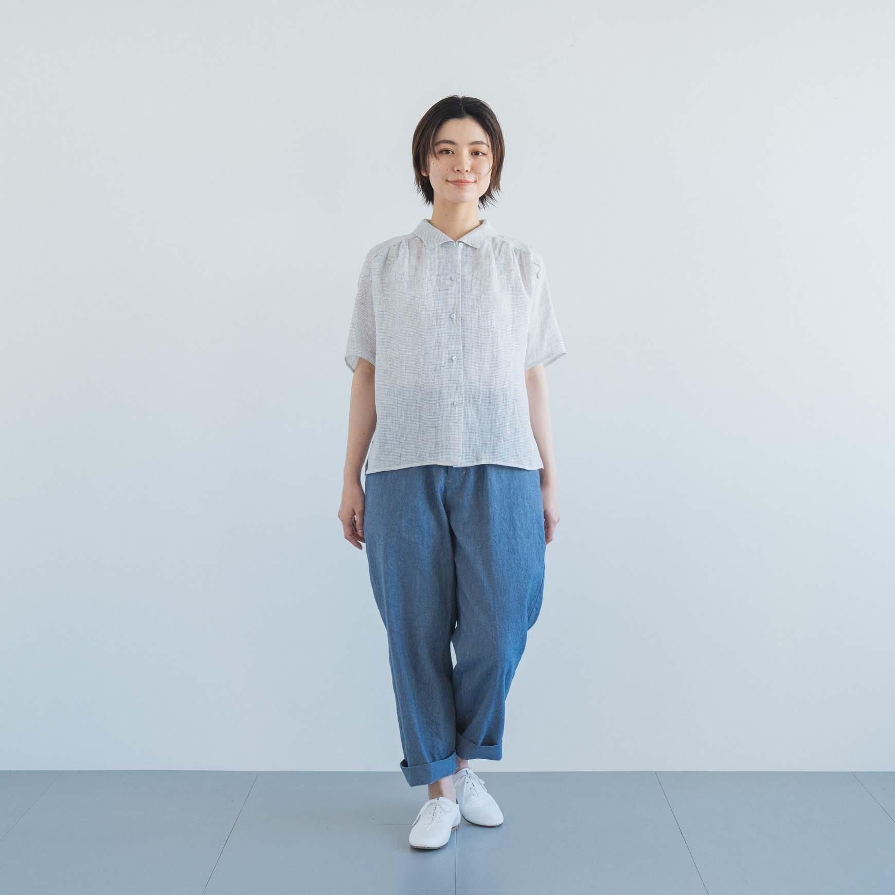 D の リネンチェックショートスリーブブラウス