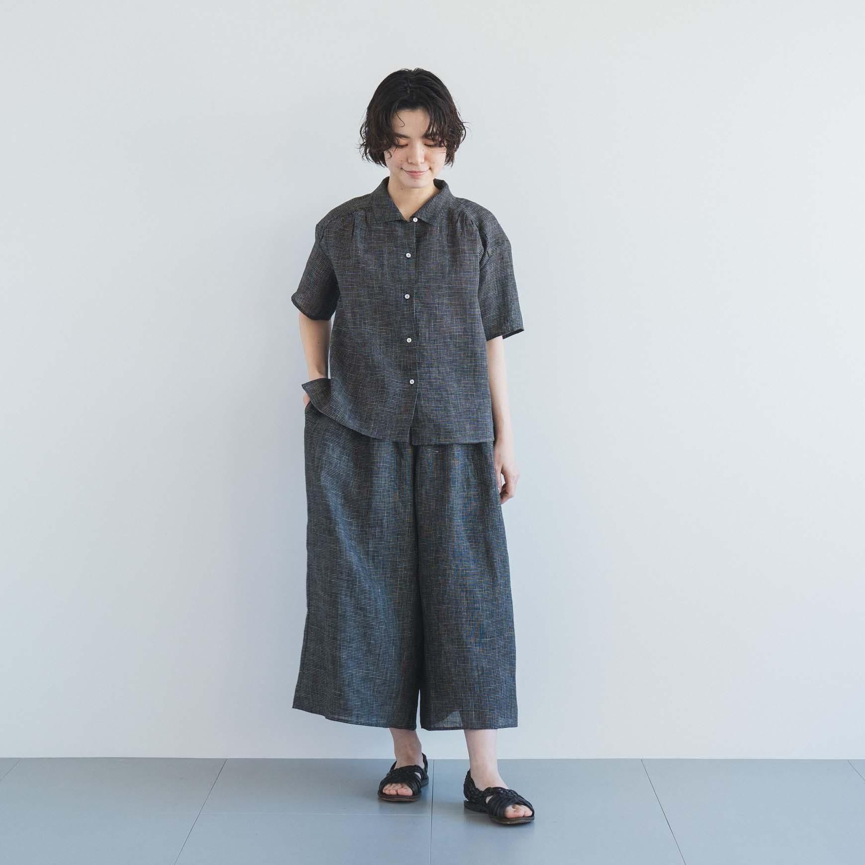 D の リネンチェックショートスリーブブラウス