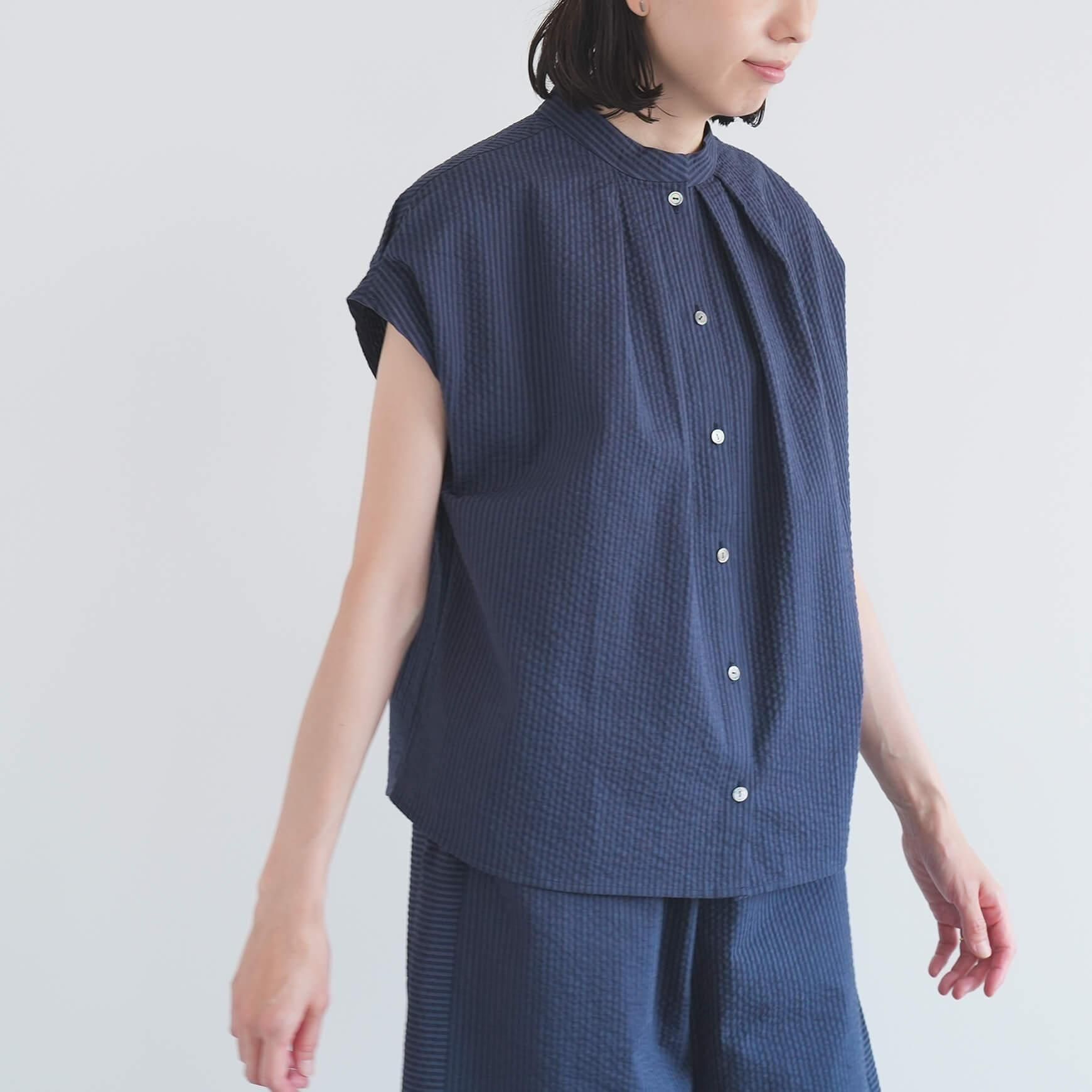 「somewearclothing」の2way スタンドタックフレンチブラウス / ストライプサッカー
