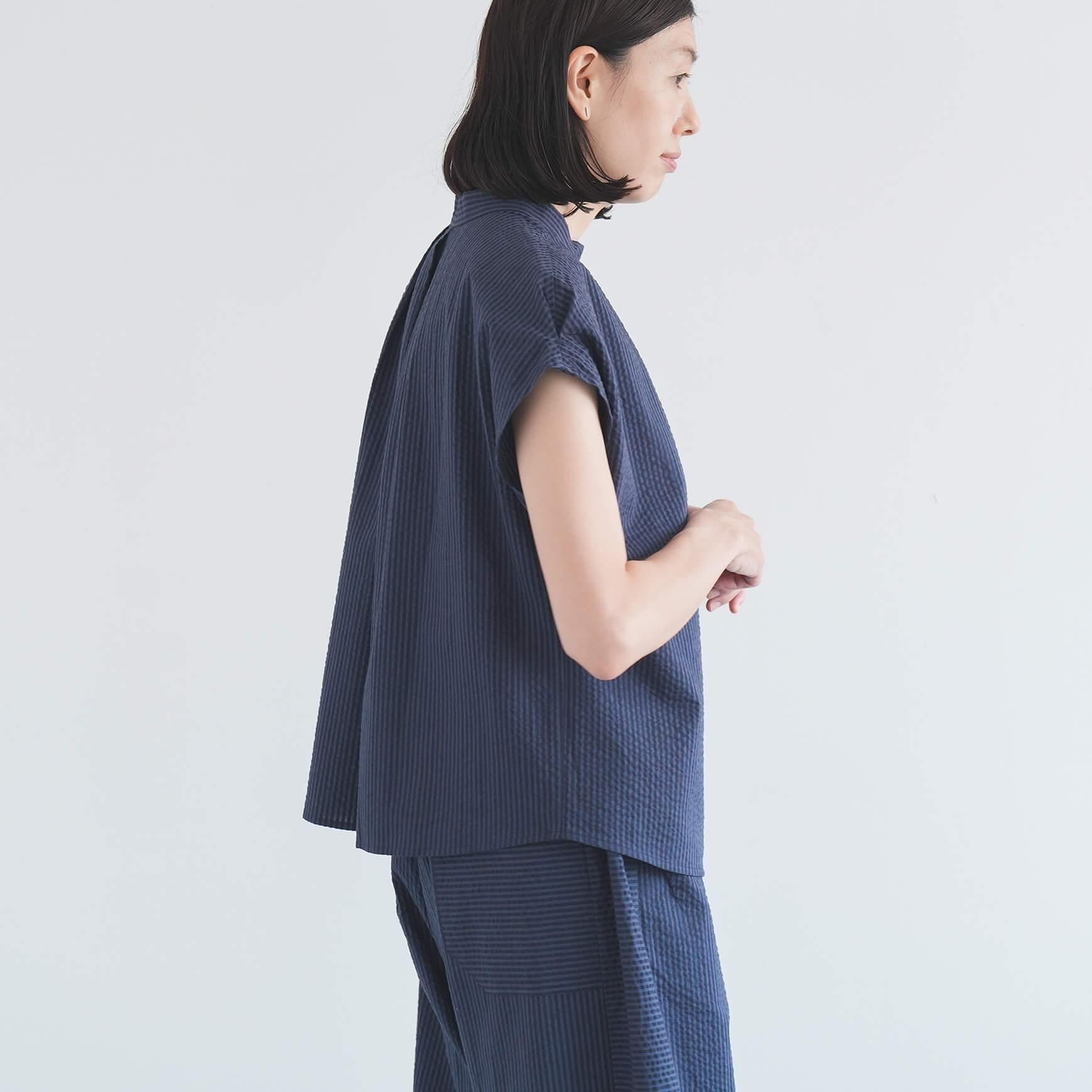 「somewearclothing」の2way スタンドタックフレンチブラウス / ストライプサッカー
