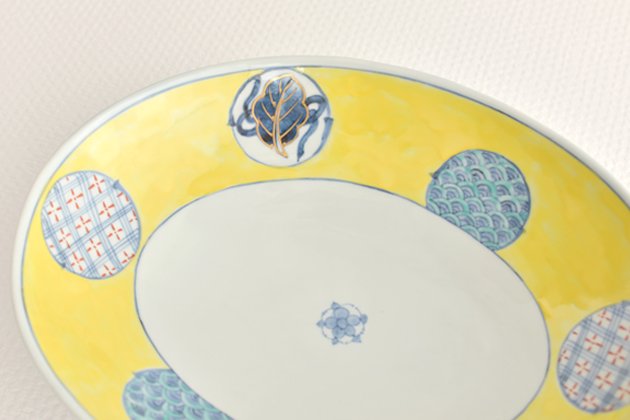 染錦黄濃丸紋 楕円鉢