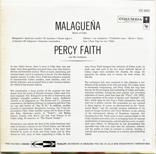 Percy Faith And His Orchestra/パーシー・フェイス/Malaguena (Music Of Cuba) |  アナログレコード 販売・通販【TURN ON】
