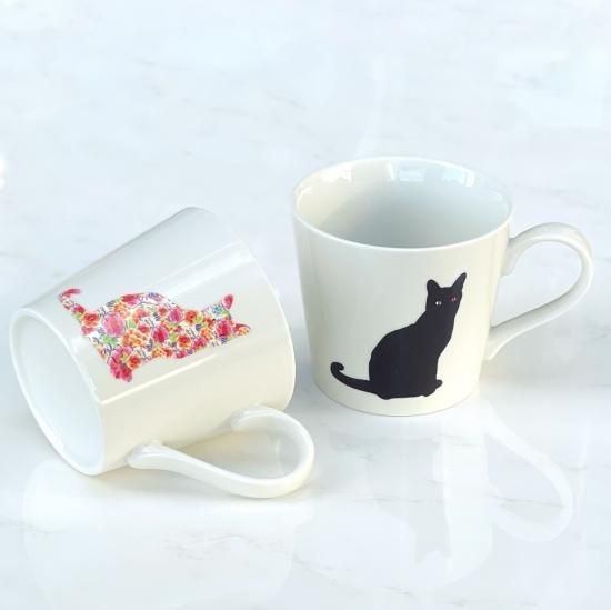 温感マグカップ 座り猫 白ツヤ | 和柄猫ちゃんが浮かび上がる楽しい
