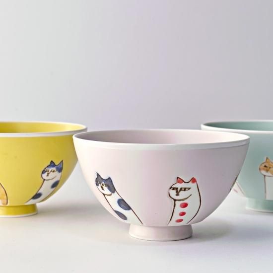 マット猫飯碗（全3カラー） | ニャンとも可愛い飯碗 - 梅陶器