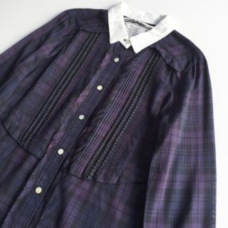 Studs embroidery check shirts onepice<br>/Purple