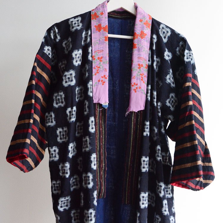 藍染 着物 絣 クレイジーパターン 縞模様 木綿 ジャパンヴィンテージ 大正 昭和 | FUNS | Indigo Kimono Robe