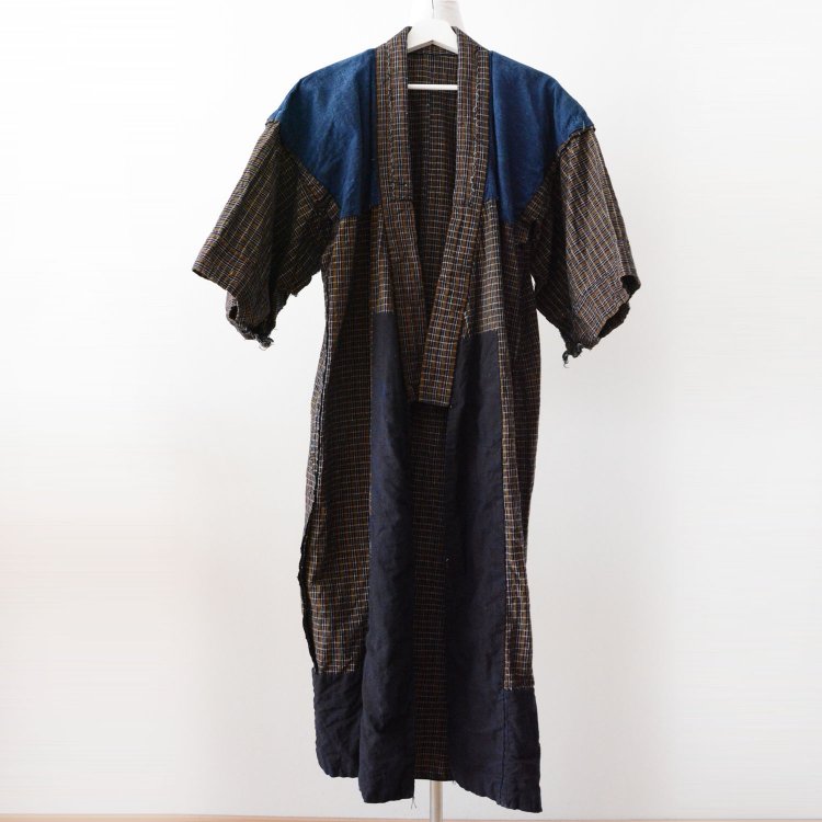  藍染 着物 クレイジーパターン 格子 木綿 ジャパンヴィンテージ 大正 昭和 | Indigo Kimono Japanese Vintage Crazy Pattern Cotton Long