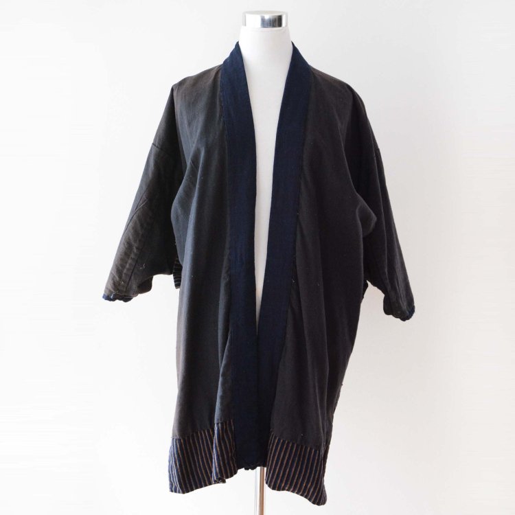  野良着 古着 黒 藍染 縞模様 木綿 ジャパンヴィンテージ 大正 昭和 | Noragi Jacket Black Indigo Kimono Cotton Stripe Japan Vintage