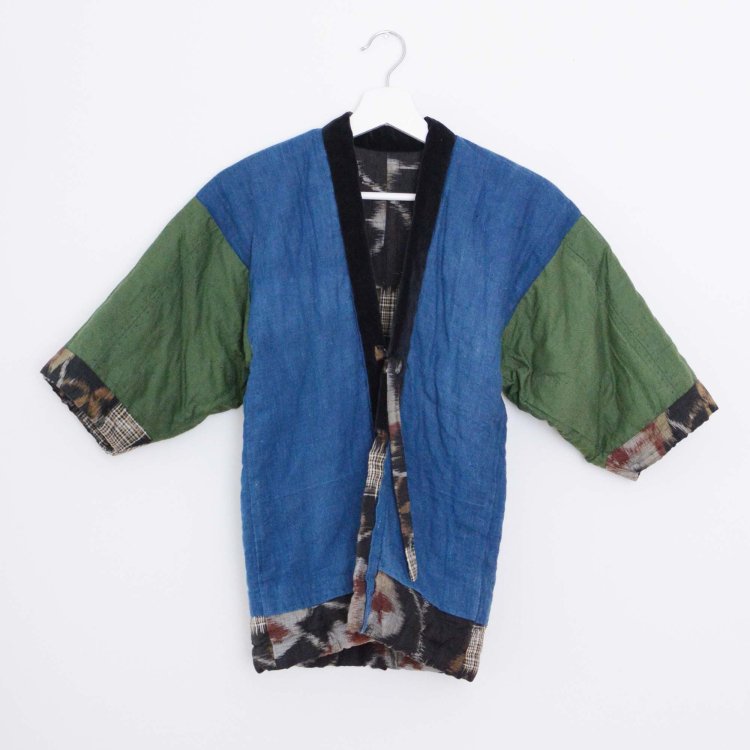  綿入れ半纏 子供 着物 絣 藍染 裏面クレイジーパターン ジャパンヴィンテージ 昭和 | Hanten Padded Kimono Jacket Japan Vintage