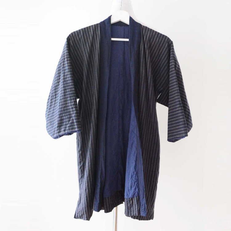 <img class='new_mark_img1' src='https://img.shop-pro.jp/img/new/icons61.gif' style='border:none;display:inline;margin:0px;padding:0px;width:auto;' />野良着 古着 着物 木綿 藍染襟 ジャパンヴィンテージ 30〜40年代 | Noragi Jacket Indigo Collar Kimono Cotton Japan Vintage Stripe