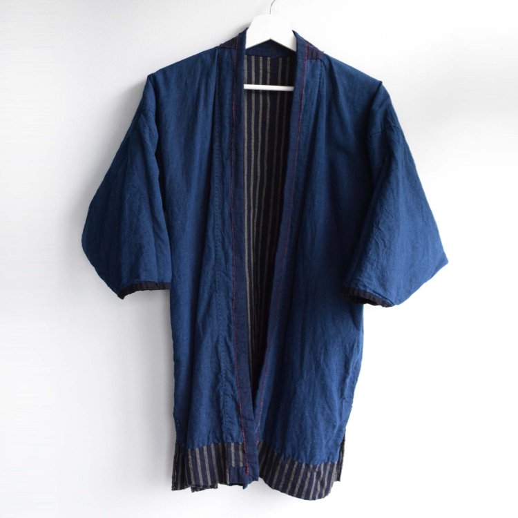 <img class='new_mark_img1' src='https://img.shop-pro.jp/img/new/icons61.gif' style='border:none;display:inline;margin:0px;padding:0px;width:auto;' />野良着 藍染 縞模様 着物 木綿 ジャパンヴィンテージ 大正 昭和 | Noragi Jacket Indigo Kimono Cotton Stripe Japan Vintage