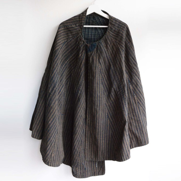 道中合羽 藍染 縞模様 格子 マント ケープ ジャパンヴィンテージ 明治 大正 | Kimono Cape Indigo Fabric Japan Vintage Rainwear Travel