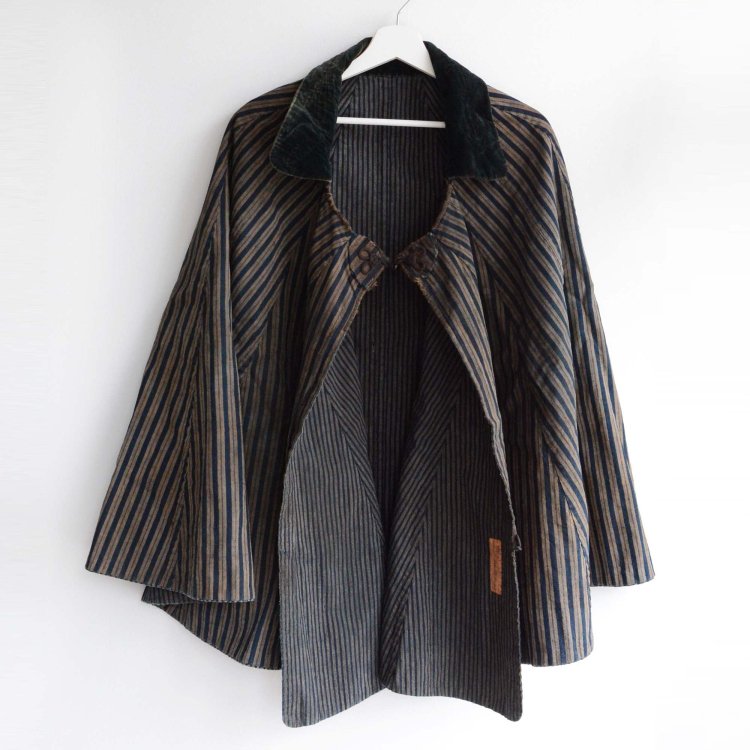 道中合羽 藍染 縞模様 ケープ マント ポンチョ ジャパンヴィンテージ 襟刺繍 | Kimono Cape Indigo Stripe Fabric Japan Vintage Rainwear