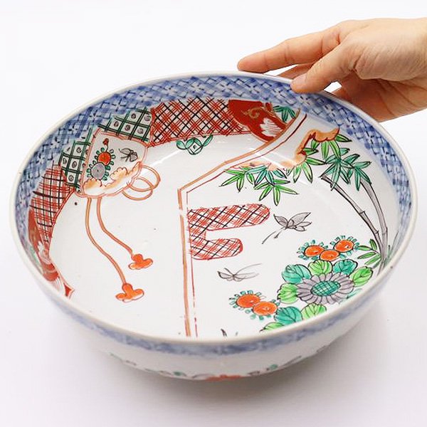 手描き 赤絵 大鉢 煮物鉢 アンティーク 骨董 和食器 カラフル（竹・花・蝶）の画像