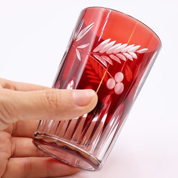 レトロ切子硝子　リ－フ柄　色被せ　赤色ガラス大皿　径30センチ