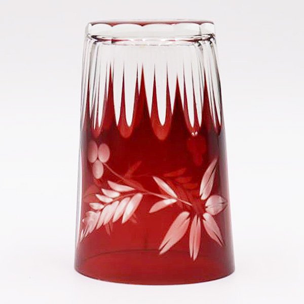 レトロ切子硝子　リ－フ柄　色被せ　赤色ガラス大皿　径30センチ