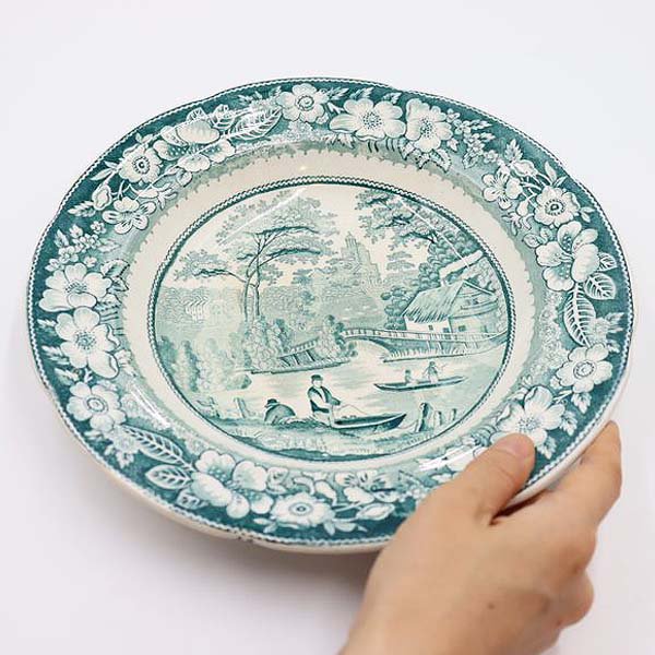 イギリス製 アンティーク 平皿 プレート ディナー皿 シチュー皿 飾り皿 グリーン アンティーク ヨーロッパ DAWSON（風景・ワイルドローズ）の画像