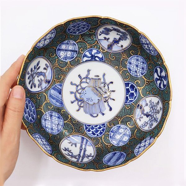 （小サイズ）九谷焼 手描き青粒(あおちぶ) 中鉢 盛り鉢 煮物鉢（丸紋・唐草・蓑・法螺貝）の画像