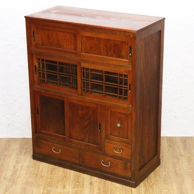 アンティーク 食器棚 食器棚 カップボード キャビネット ガラス扉付き 木製