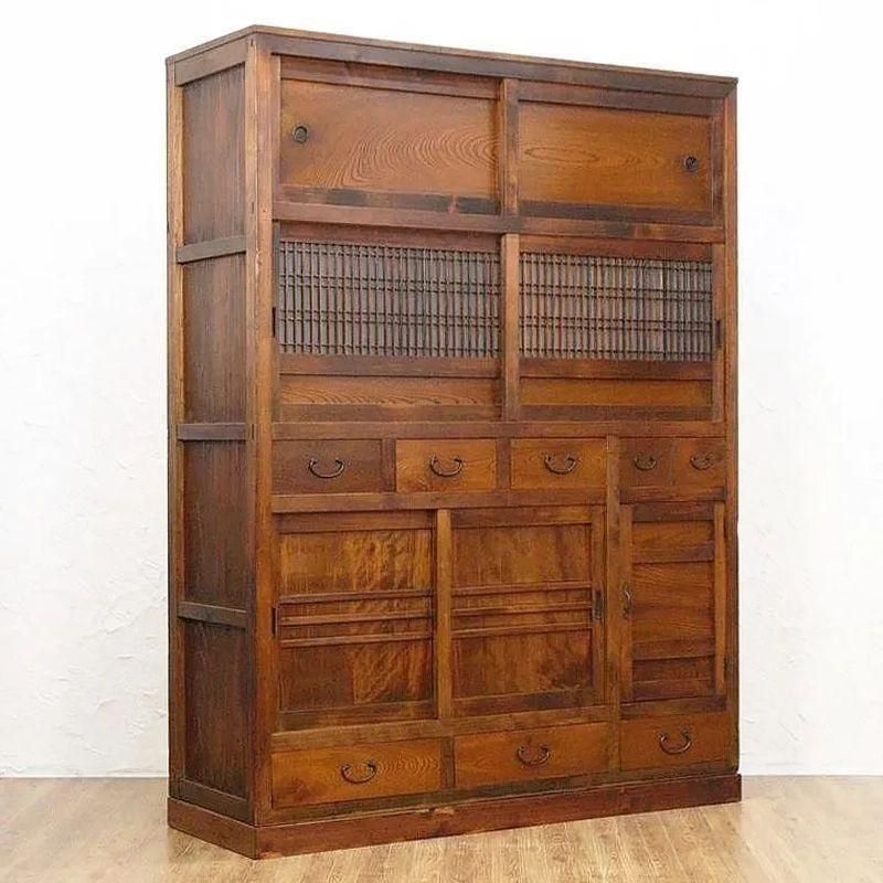 木組み　骨董　食器棚　タンス　水屋箪笥　昭和レトロ　ゆらゆらガラス 希少サイズ四尺格子ダイヤガラス入り水屋箪笥 和モダン町屋家具