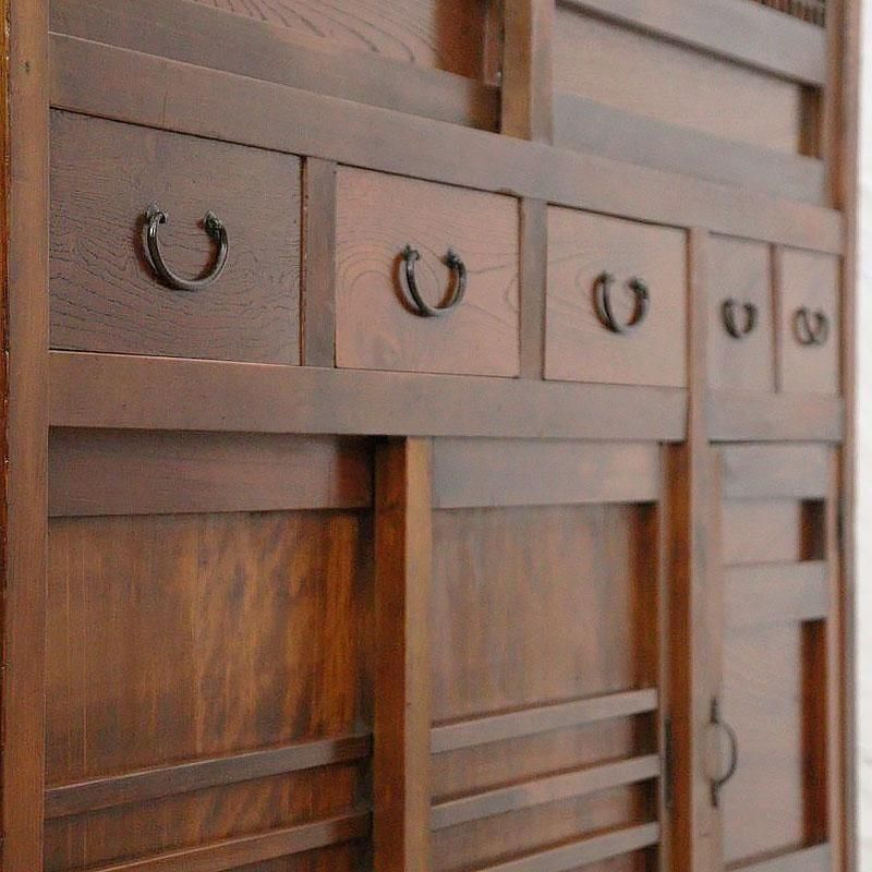 希少サイズ四尺格子ダイヤガラス入り水屋箪笥 和モダン町屋家具