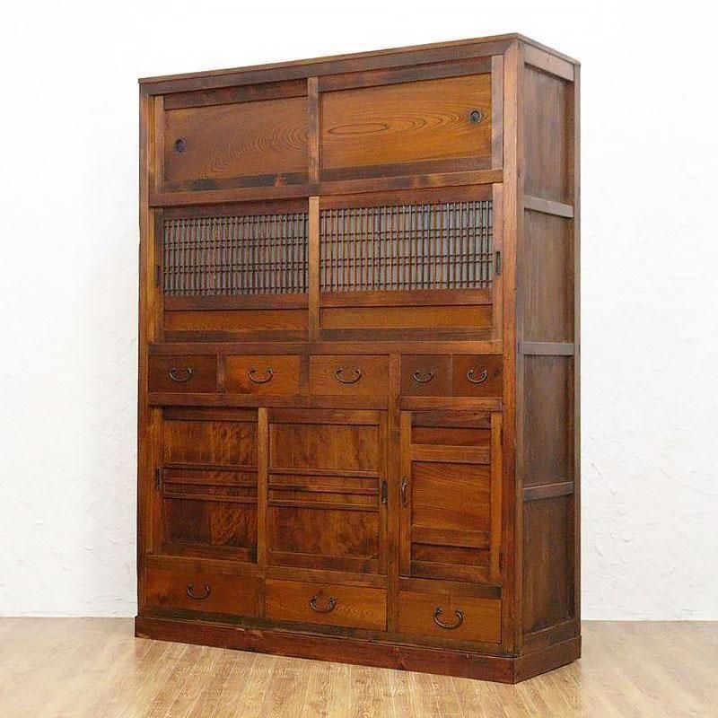 茶箪笥収納棚食器棚タンスダイヤガラス時代物 アンティーク 和モダン 昭和レトロ ダイヤガラス入り 茶箪笥 キャビネット 食器棚 アンティーク 骨董 和