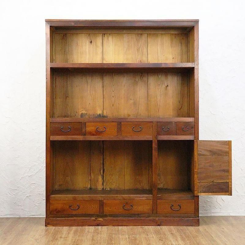 希少サイズ四尺格子ダイヤガラス入り水屋箪笥 和モダン町屋家具