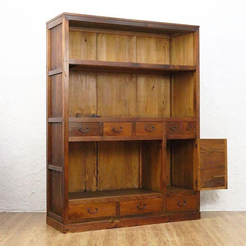 木組み　骨董　食器棚　タンス　水屋箪笥　昭和レトロ　ゆらゆらガラス 希少サイズ四尺格子ダイヤガラス入り水屋箪笥 和モダン町屋家具