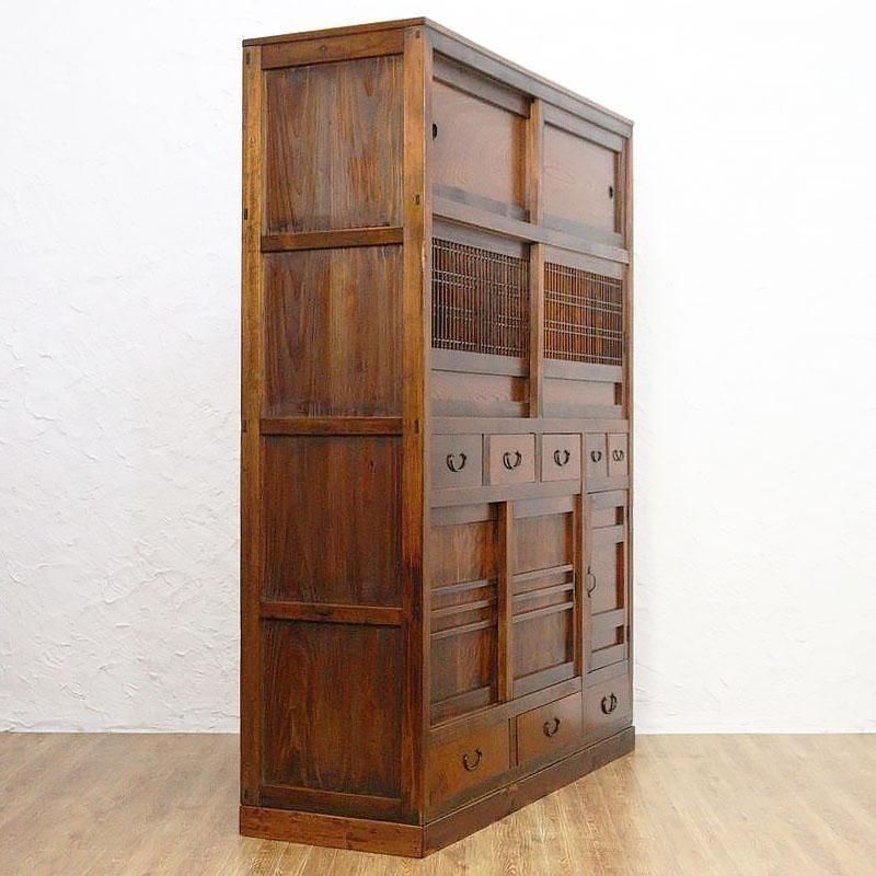 希少サイズ四尺格子ダイヤガラス入り水屋箪笥 和モダン町屋家具