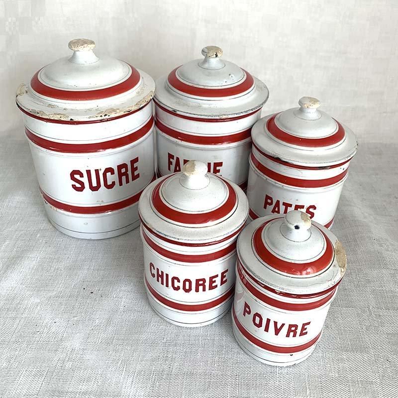 フランス アンティーク ホーローキャニスター 5個セット 白地x