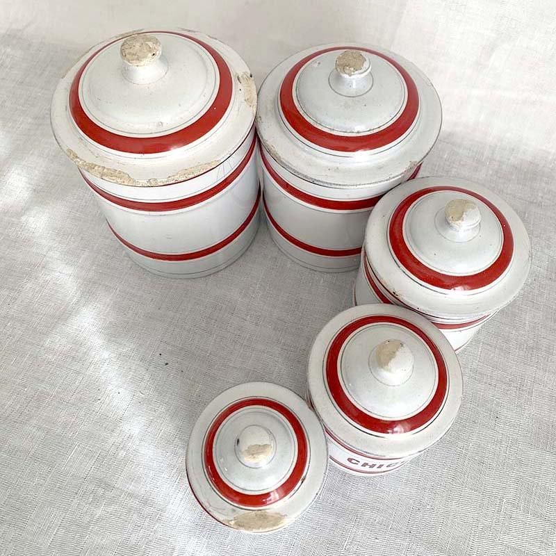 フランス アンティーク ホーローキャニスター 5個セット 白地ｘ赤ライン a フランス アンティーク ホーローキャニスター 5個セット 白地x