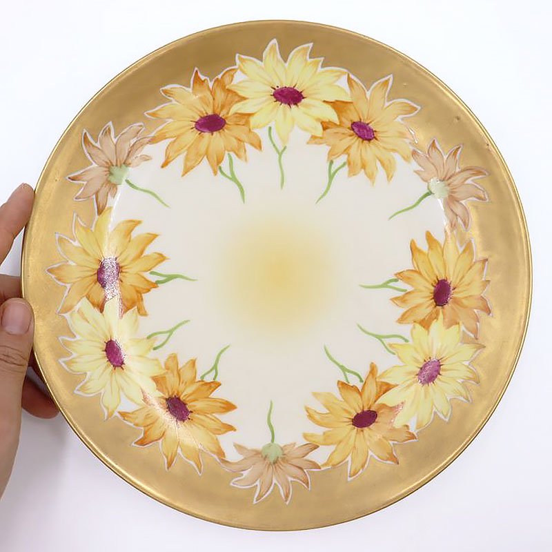 手描き フランス リモージュ limoges 絵皿 飾り皿 プレート アンティーク 金彩 花柄（イエロー・ゴールド）の画像
